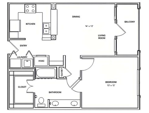 Floor plan for 1 bed, 1 bath, 697 sqft